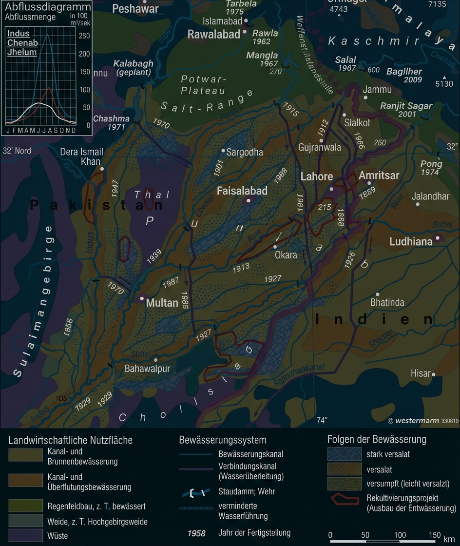 Karte: Bewässerungssysteme, landwirtschaftliche Flächen und Städte in der Grenzregion Pakistan/Indien.